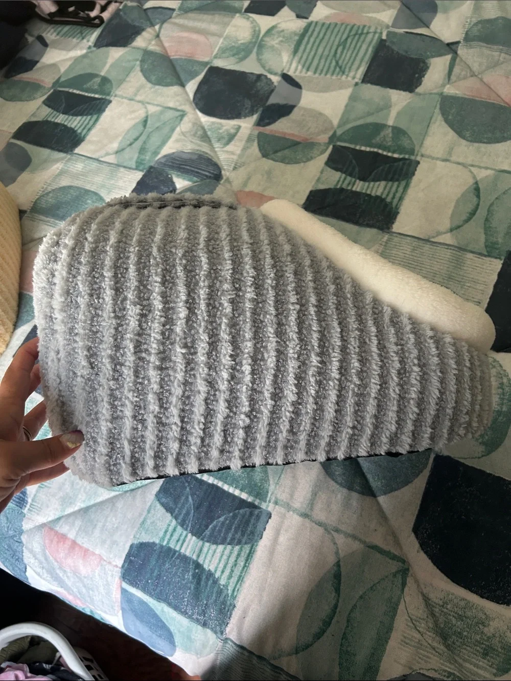 Cozy Gray Sherpa Pet Cave Bed with Cream Trim